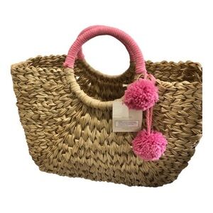 Wicker style straw natural basketweave pink knit pompom oversized beach tote new